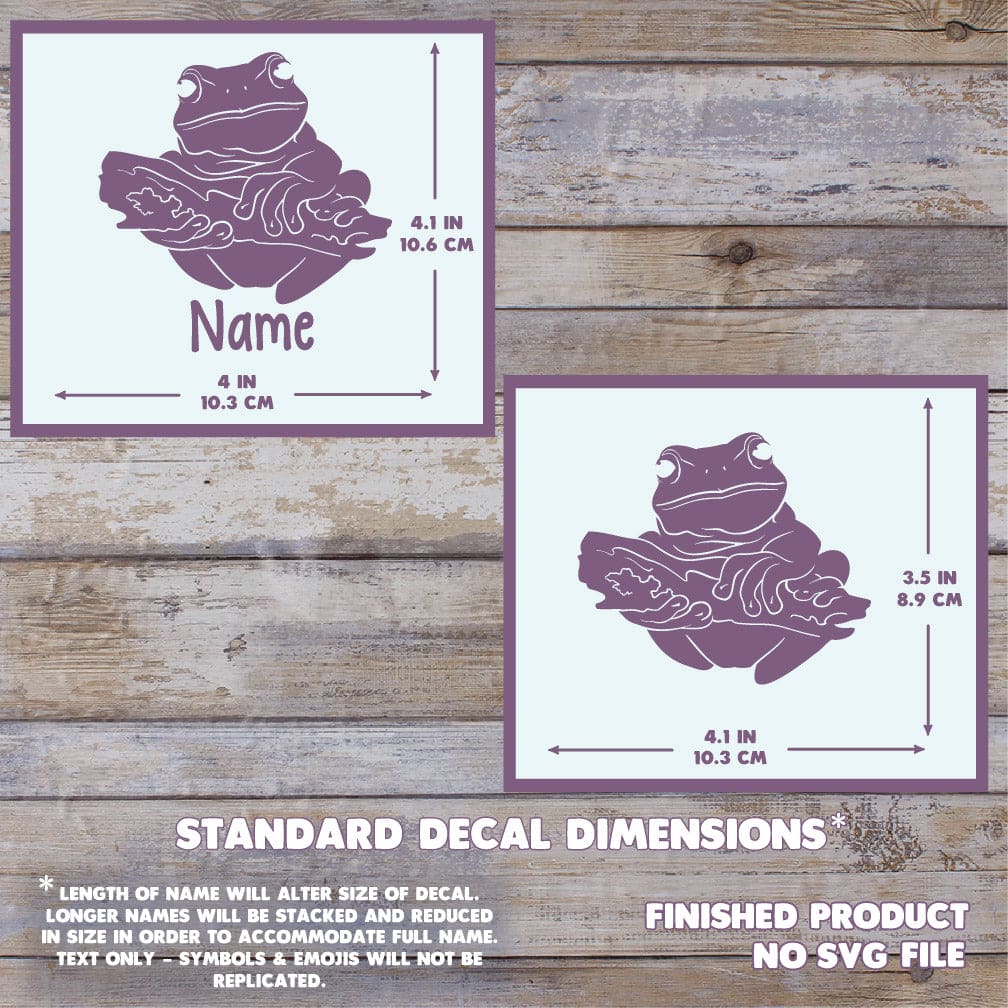The image depicts 2 Whites Tree Frog decals with their dimensions on a wooden background. Text states this is a finished product and the dimensions are standard size. Dimensions are 4.1 inches tall by 4 Inches wide.