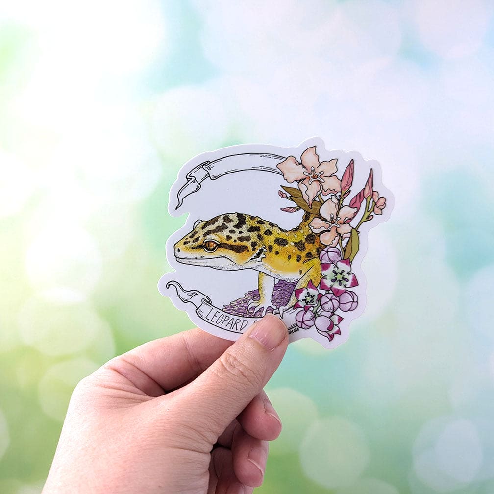A hand holding the leopard gecko sticker to show the size. It's height is 3.5" tall and length is roughly 3." wide. The material is a durable vinyl with a matte laminate to preserve the color. This item can be used indoor and outdoor. Typical longevity is 1-3 years depending on exterior conditions.