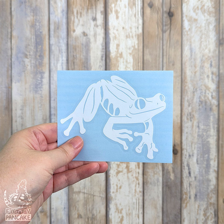 A hand holds a rectangular light blue paper featuring a white Red eyed Tree Frog decal, set against a rustic whitewashed wood plank background.