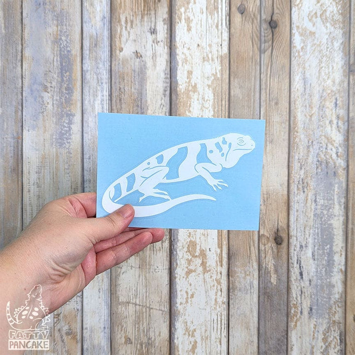 A hand holds a rectangular light blue paper featuring a white Fiji Banded Iguana decal, set against a rustic whitewashed wood plank background.