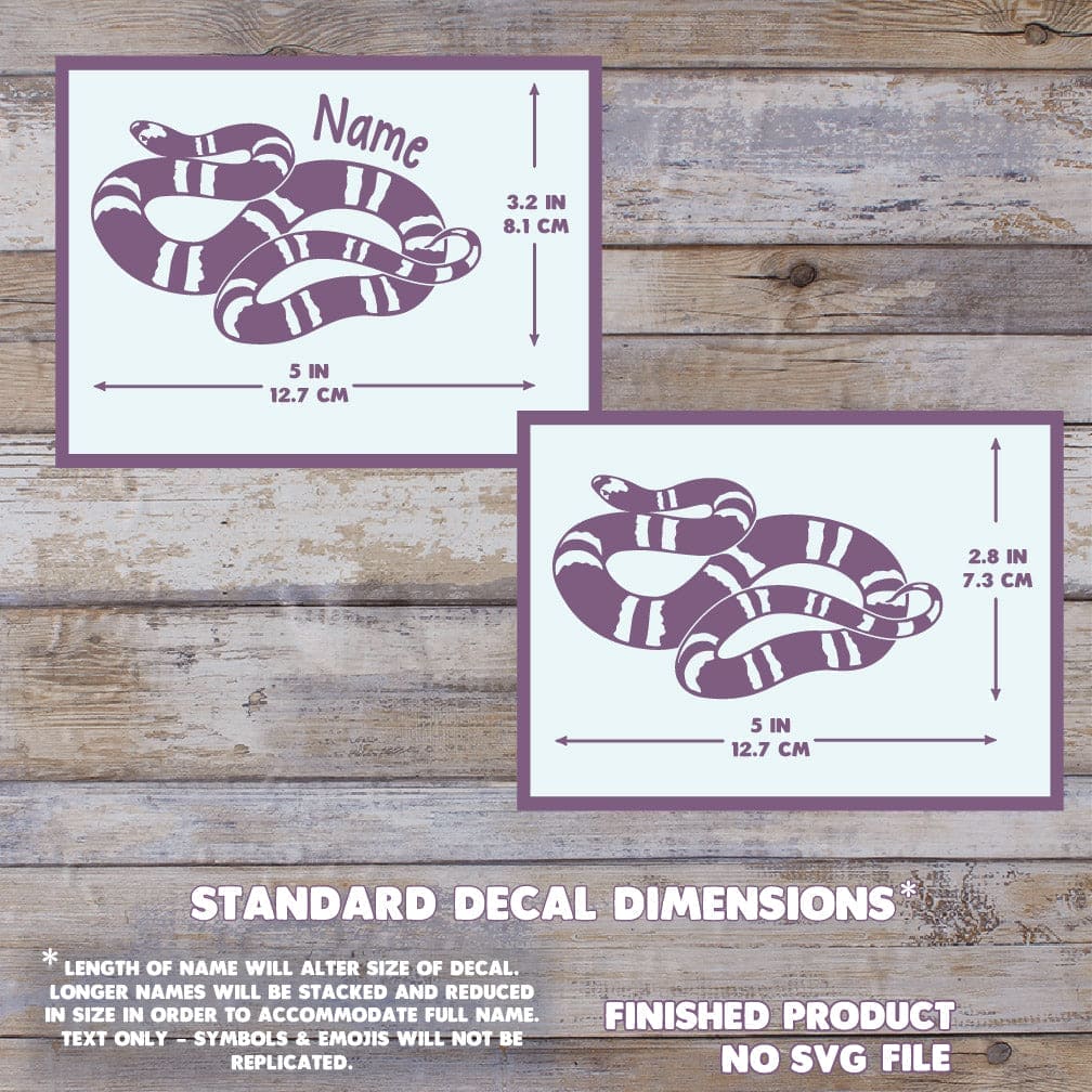 Honduran Milk snake decals with dimensions on a wooden background. Dimensions read 3.2 inches tall by 5 inches wide.