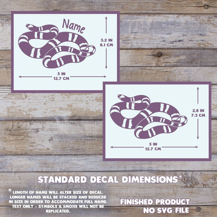 Honduran Milk snake decals with dimensions on a wooden background. Dimensions read 3.2 inches tall by 5 inches wide.