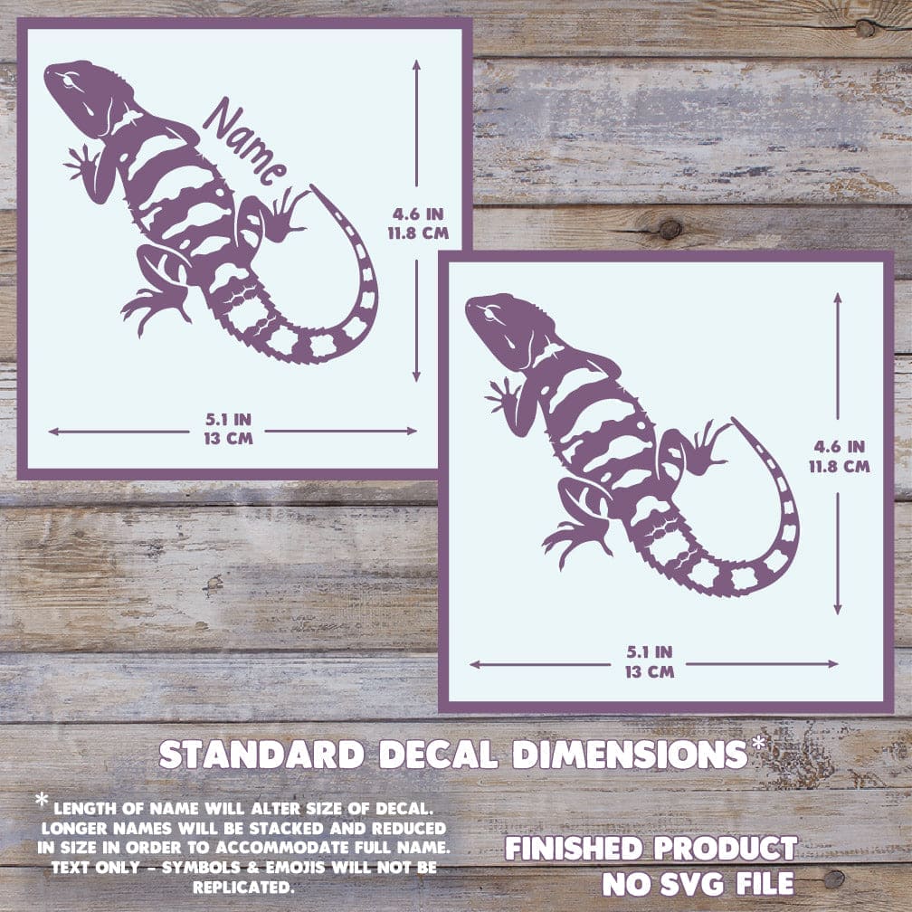 Two decals of a lizard with dimensions on a wooden background. Dimensions are 4.6 inches tall and 5.1 inches wide.
