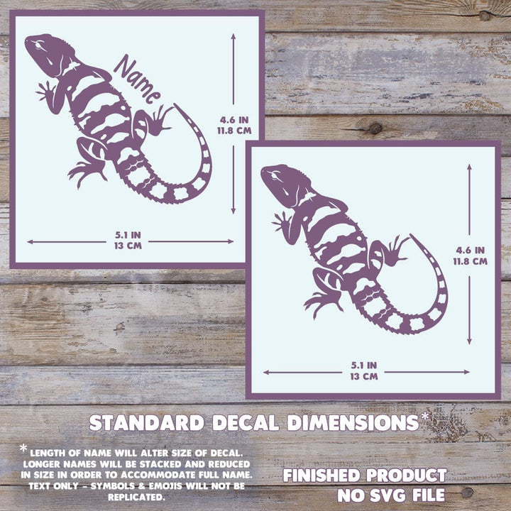 Two decals of a lizard with dimensions on a wooden background. Dimensions are 4.6 inches tall and 5.1 inches wide.