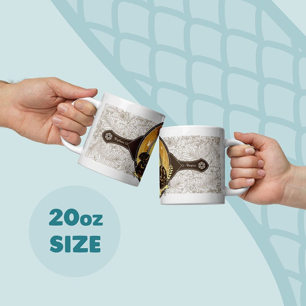 Two white 20oz ceramic mugs featuring a detailed graphic design with a central golden circular emblem, a dark silhouette of a snake, and intricate botanical line art patterns. The text on the mugs includes the words Python and Regius.