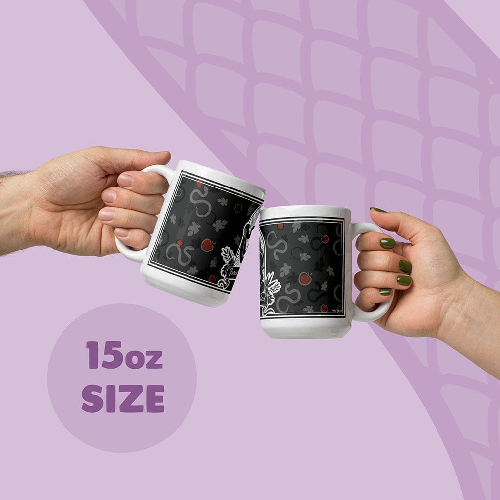 Two hands holding white ceramic mugs with a grey apple and snake pattern, clinking them together on a light purple graphic background with &