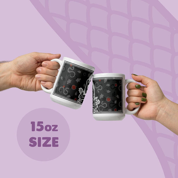 Two hands holding white ceramic mugs with a grey apple and snake pattern, clinking them together on a light purple graphic background with &