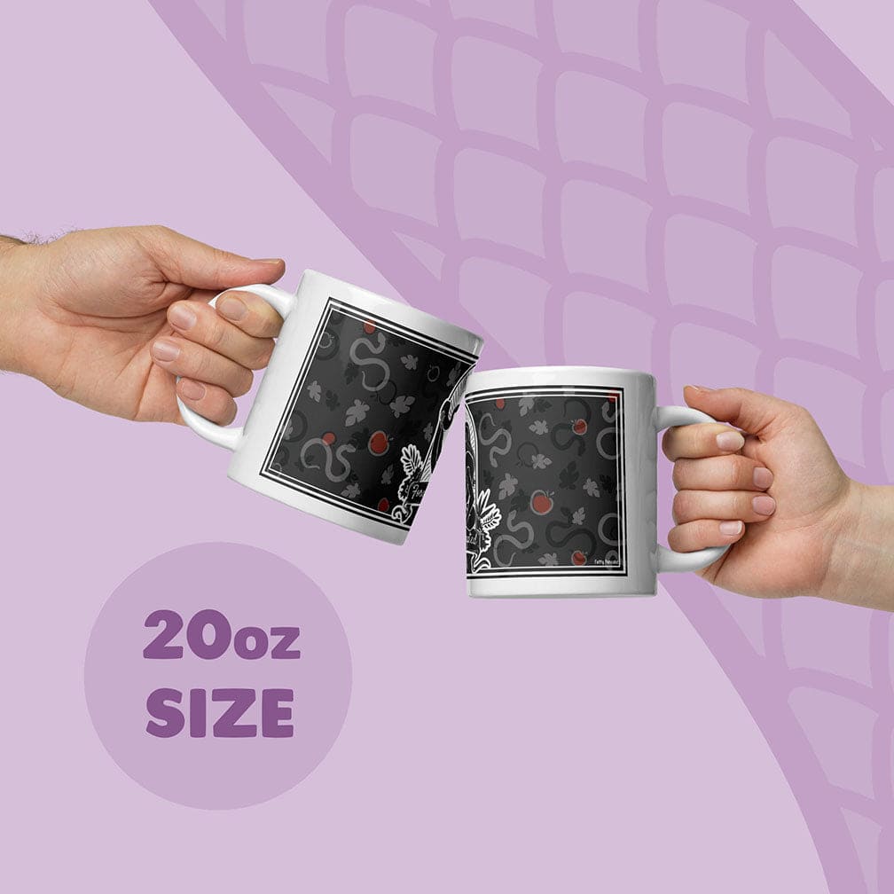 Two hands holding white ceramic mugs with a grey apple and snake pattern, clinking them together on a light purple graphic background with &