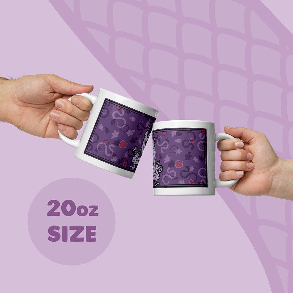 Two hands holding white ceramic mugs with a purple apple and snake pattern, clinking them together on a light purple graphic background with &