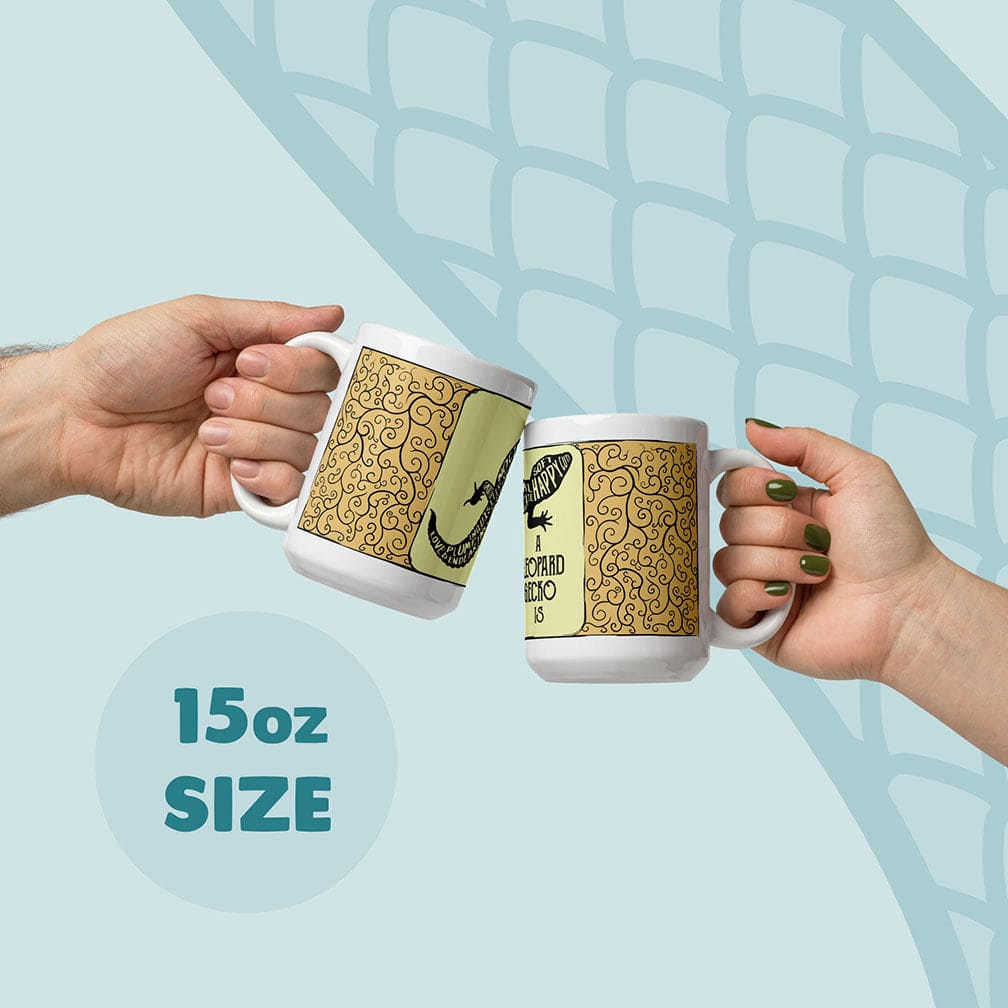Two hands holding white ceramic mugs with a gold patterned design and a yellow-and-black leopard gecko graphic, clinking together against a light blue graphic background with &