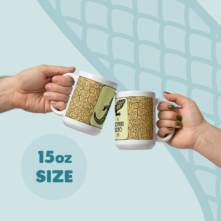 Two hands holding white ceramic mugs with a gold patterned design and a yellow-and-black leopard gecko graphic, clinking together against a light blue graphic background with &