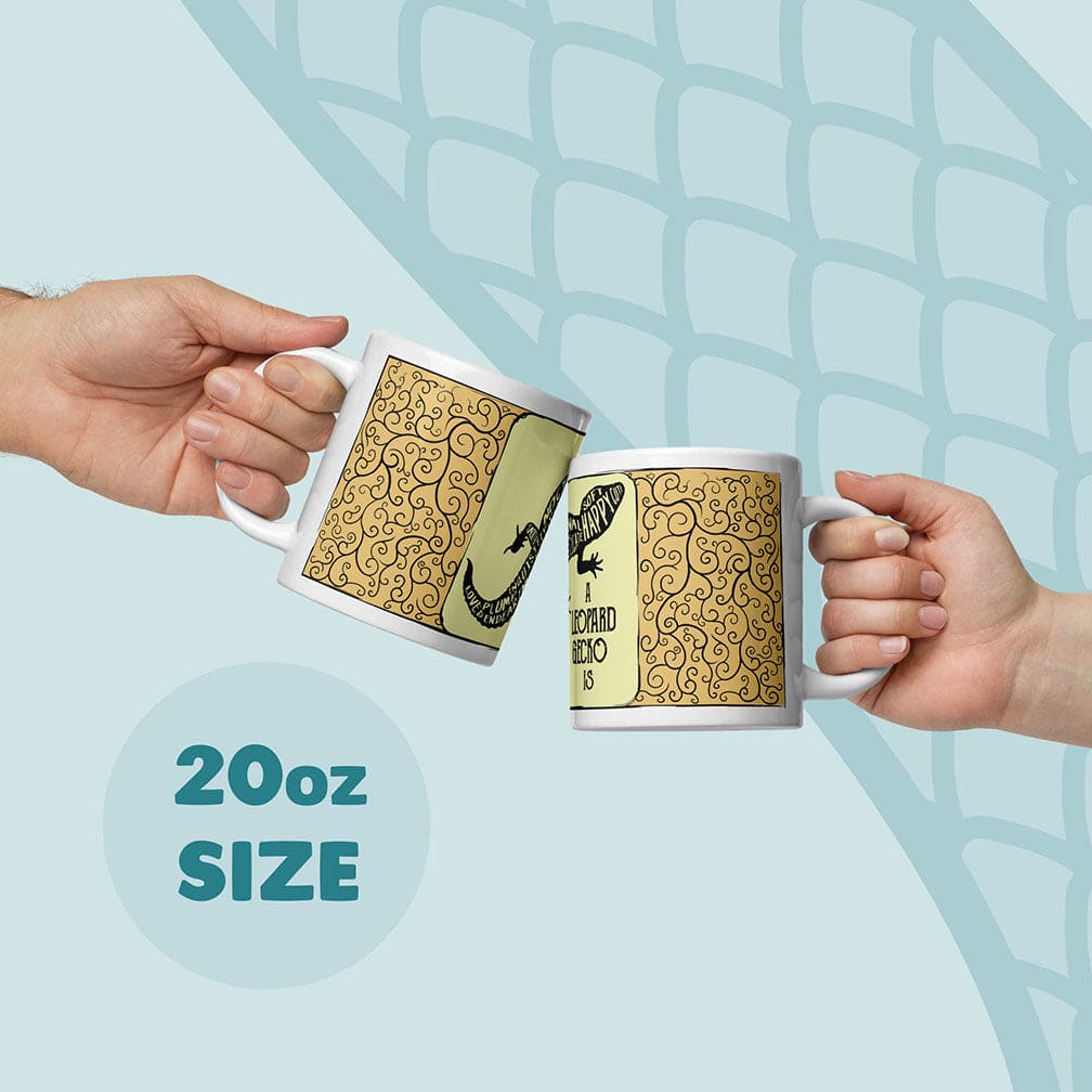 Two hands holding white ceramic mugs with a gold patterned design and a yellow-and-black leopard gecko graphic, clinking together against a light blue graphic background with &