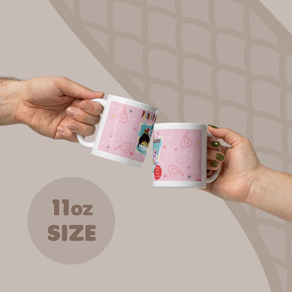 Two white ceramic mugs with a pink design being held by two hands, with an 11oz capacity label on the bottom of the image.