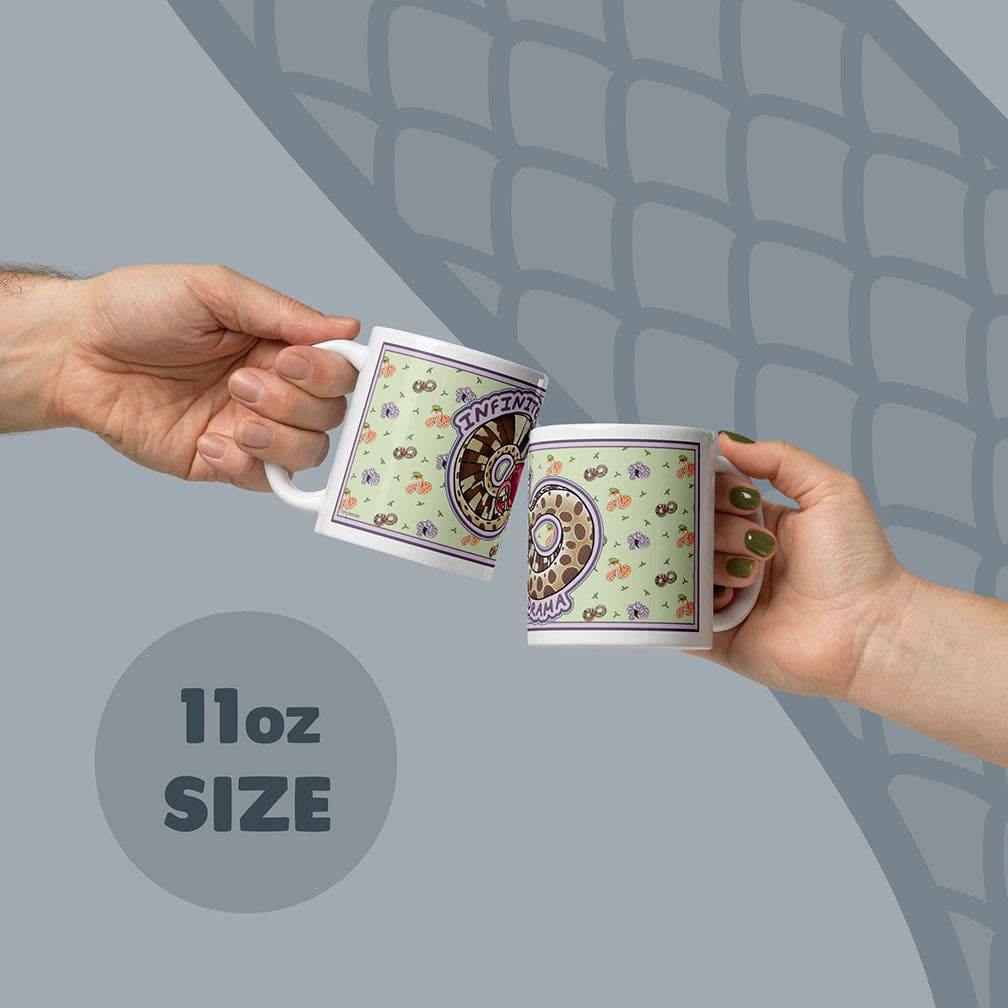 Two hands holding the dramatic hognose 11oz mugs against a gray back ground.