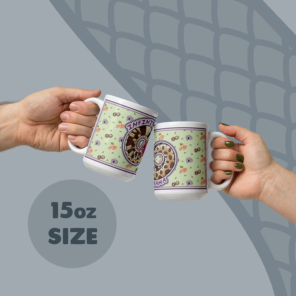 Two hands holding the dramatic hognose 20oz mugs against a gray back ground.