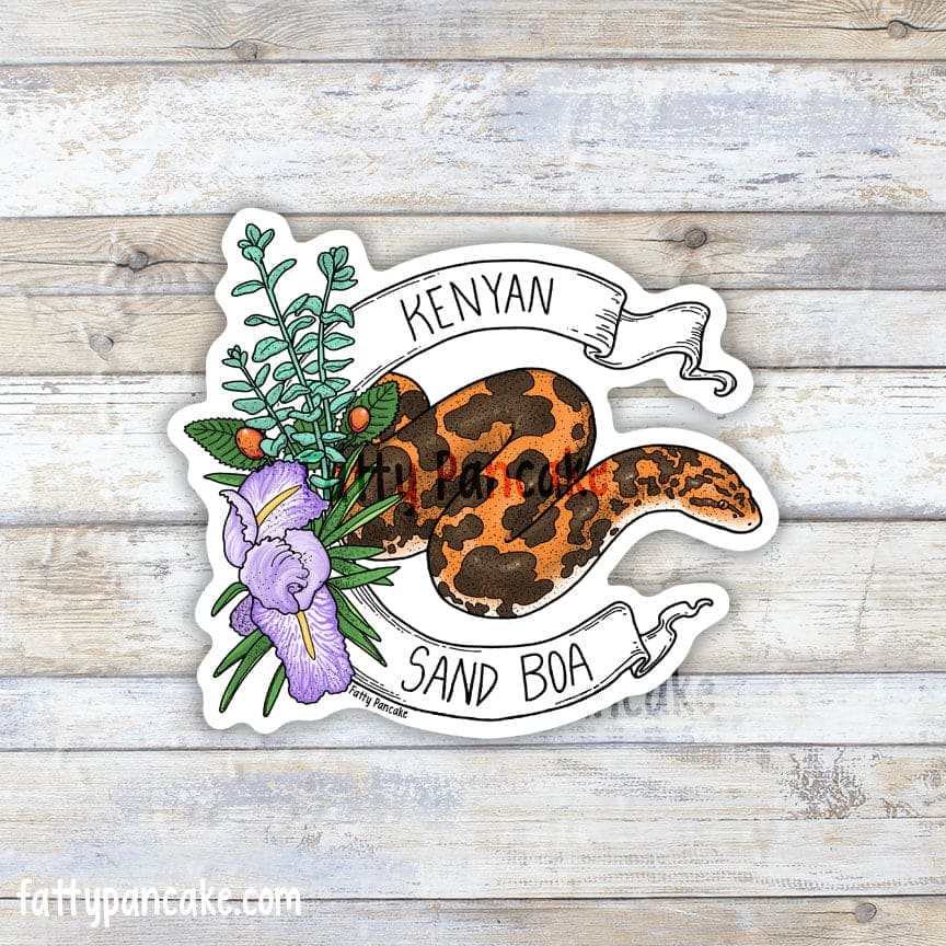 Image showing vinyl sticker of a kenyan sand boa surrounded by a white banner with the snake name on it. A purple lotus and other plants are on the left part of the design.
