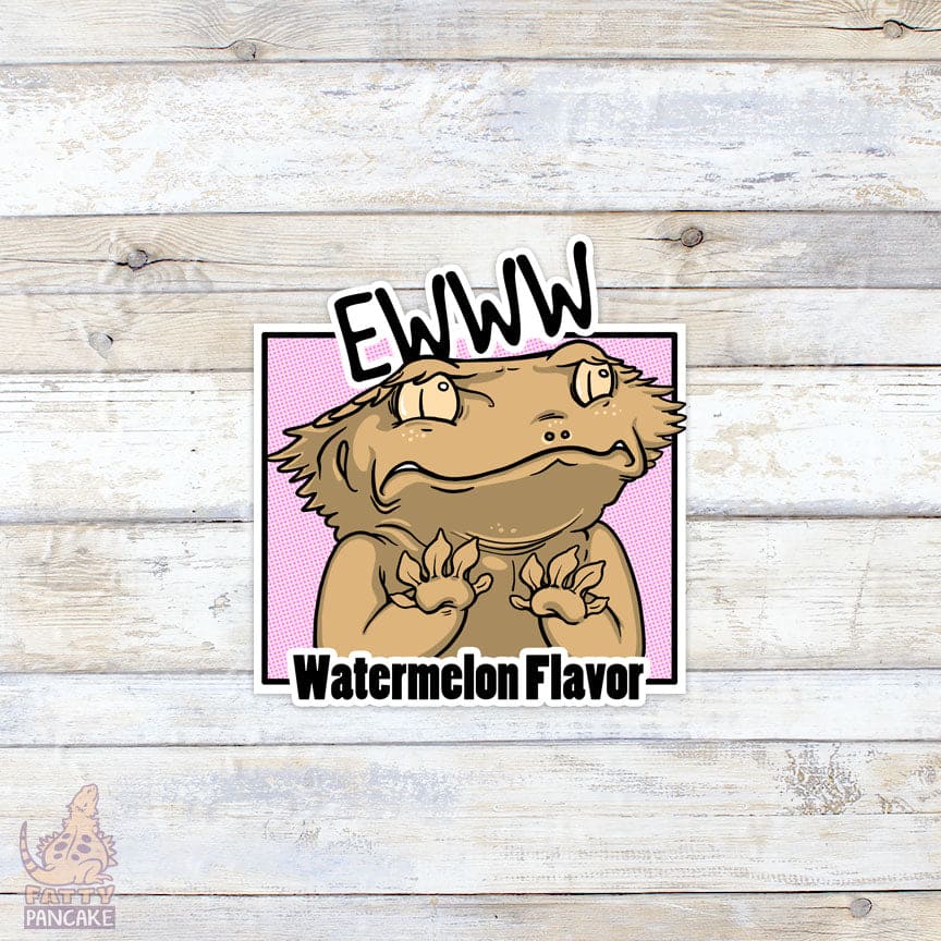 A pink and white vinyl sticker with a cartoon lizard with a disgusted expression. The lizard is saying "Eww" and the text "Watermelon Flavor" is below the lizard.