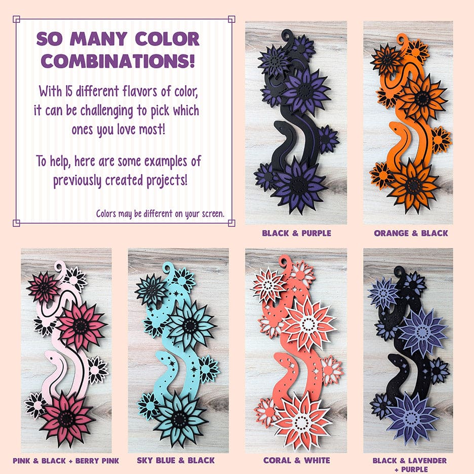 This image shows different color variants to inspire you! From top to bottom, left to right: black and purple, orange and black, pink and black plus berry pink flowers, sky blue and black, coral and white, black and lavender plus purple flower.