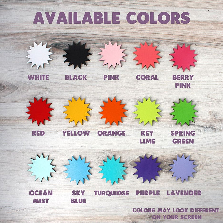 Snake color swatch sheet showing all the colors that can be ordered: white, black, pink, coral, berry pink, red, yellow, orange, key lime, spring green, ocean mist, sky blue, turquoise, purple, and lavender.