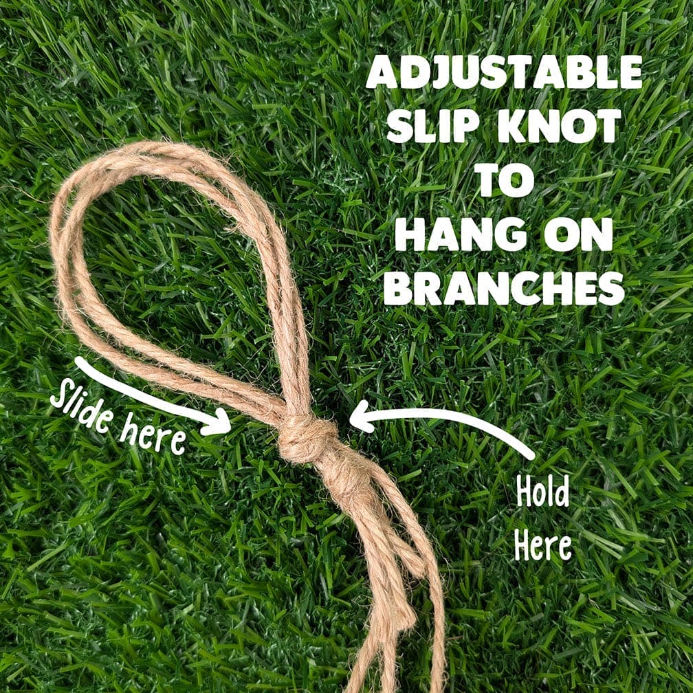 Adjustable slip knot for hanging on branches with text instructions on a grass background