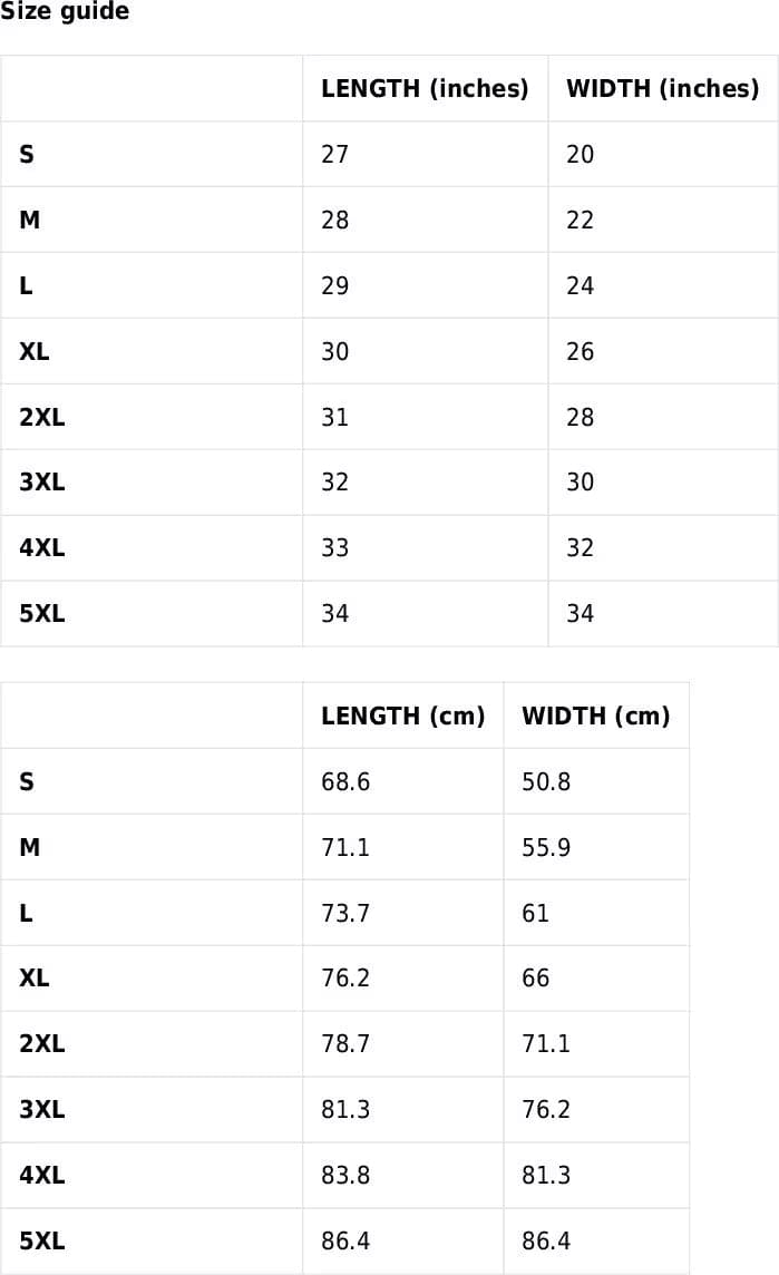 Sizing chart for Gildan Hoodies