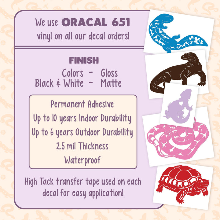 Image highlights the materials used for Fatty Pancakes decal collection. We use Oracal 651 permanent vinyl that are cold and heat resistant, waterproof, and can last 10 years indoors and 6 years outdoors.