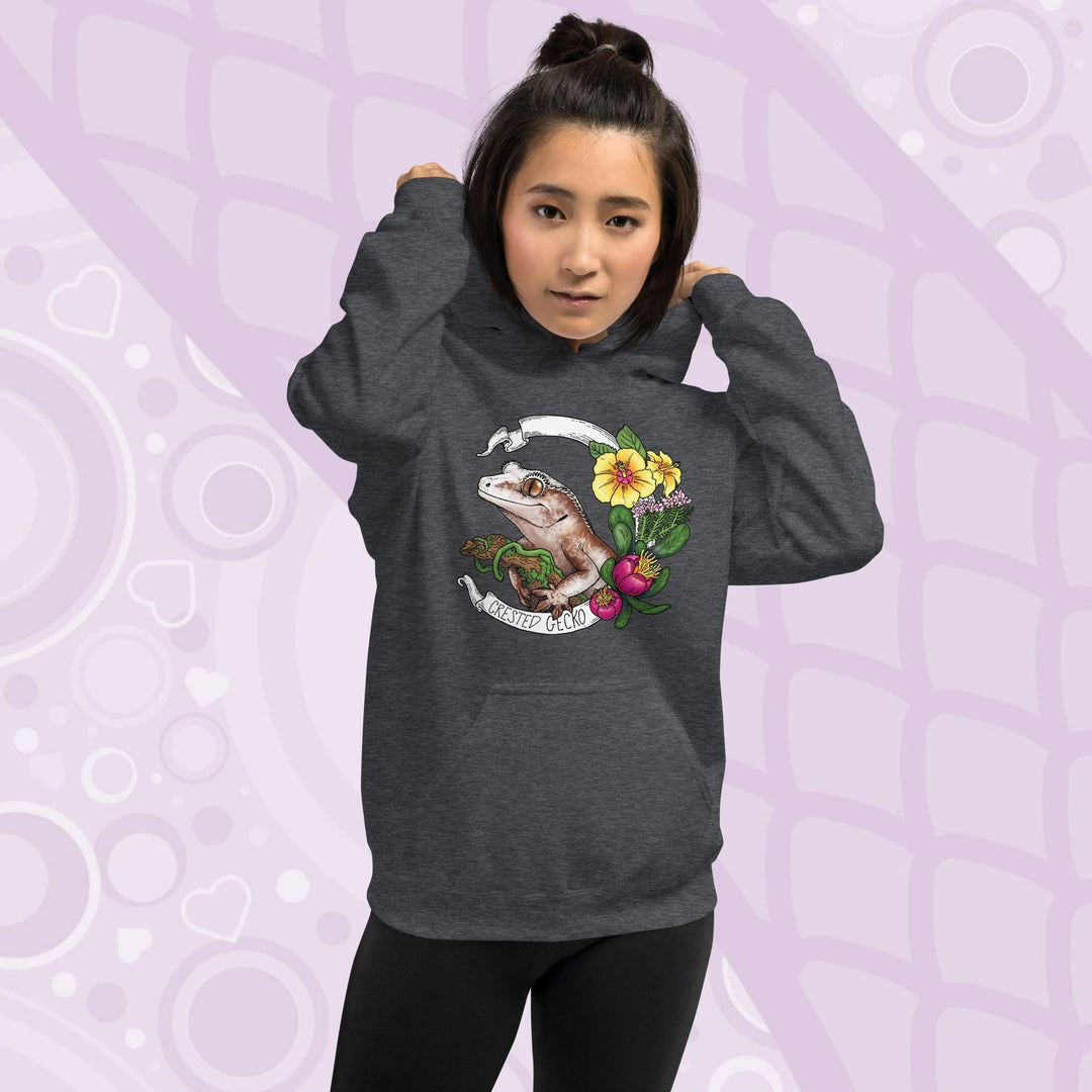 Dark Grey Heather hoodie with a graphic of a crested gecko with flowers and the text "Crested Gecko".