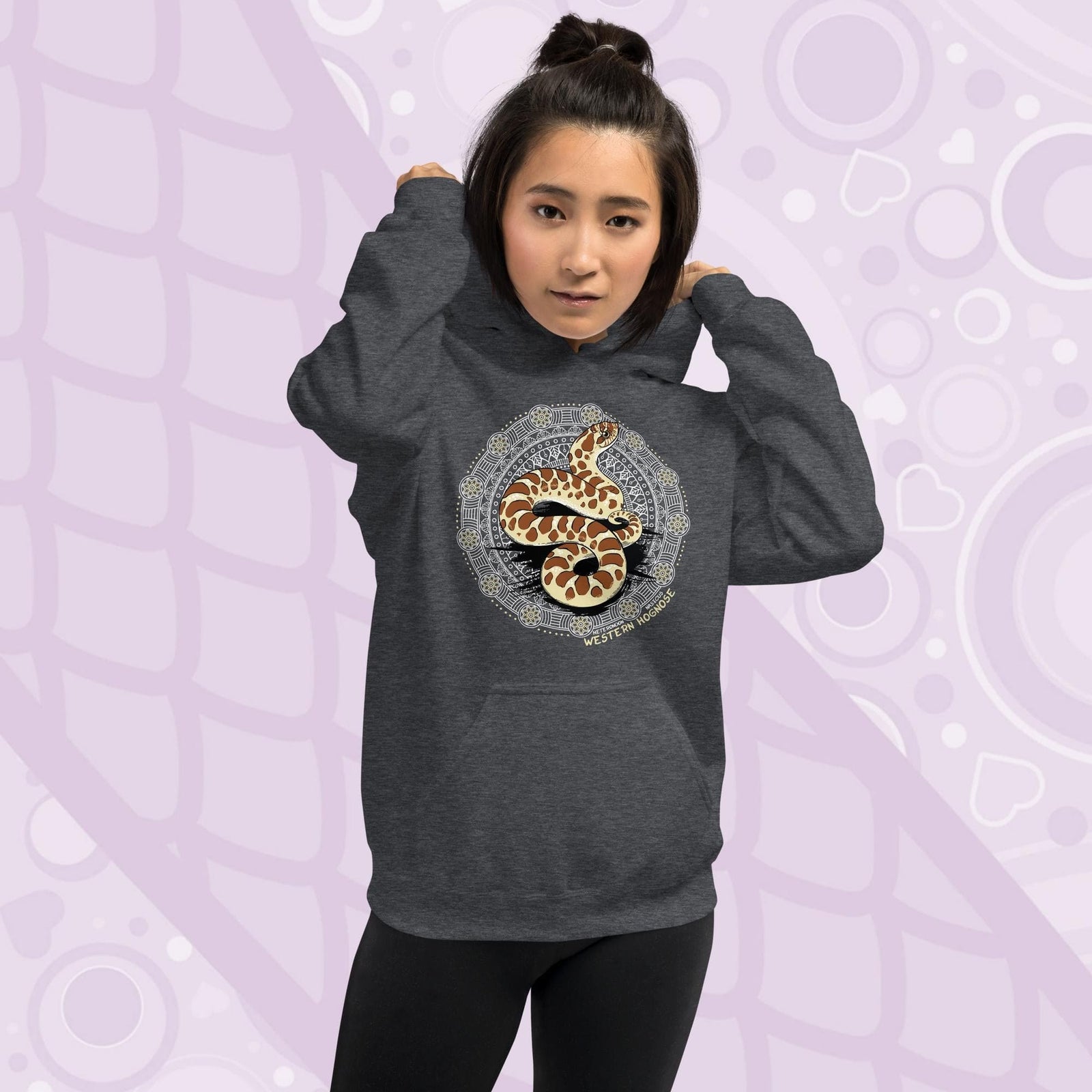 A dark grey hoodie with a graphic of a western hognose snake in a mandala design. The text "Western Hognose" is written below the snake.