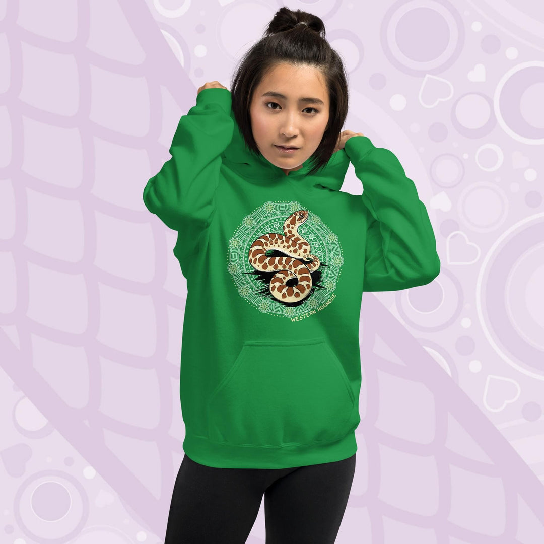 A bright green hoodie with a graphic of a western hognose snake in a mandala design. The text "Western Hognose" is written below the snake.