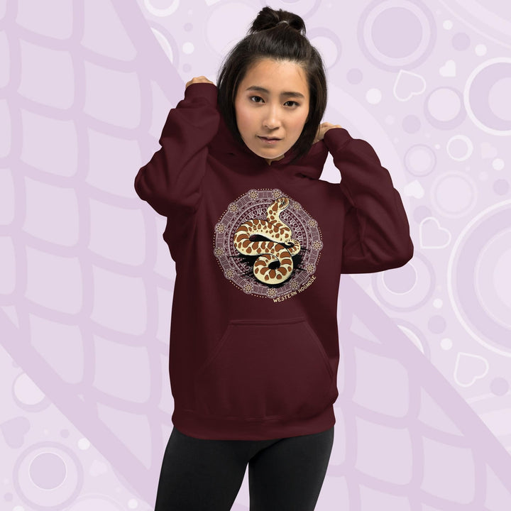 A deep red maroon hoodie with a graphic of a western hognose snake in a mandala design. The text "Western Hognose" is written below the snake.