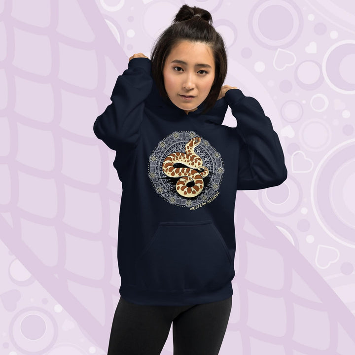 A navy blue hoodie with a graphic of a western hognose snake in a mandala design. The text "Western Hognose" is written below the snake.