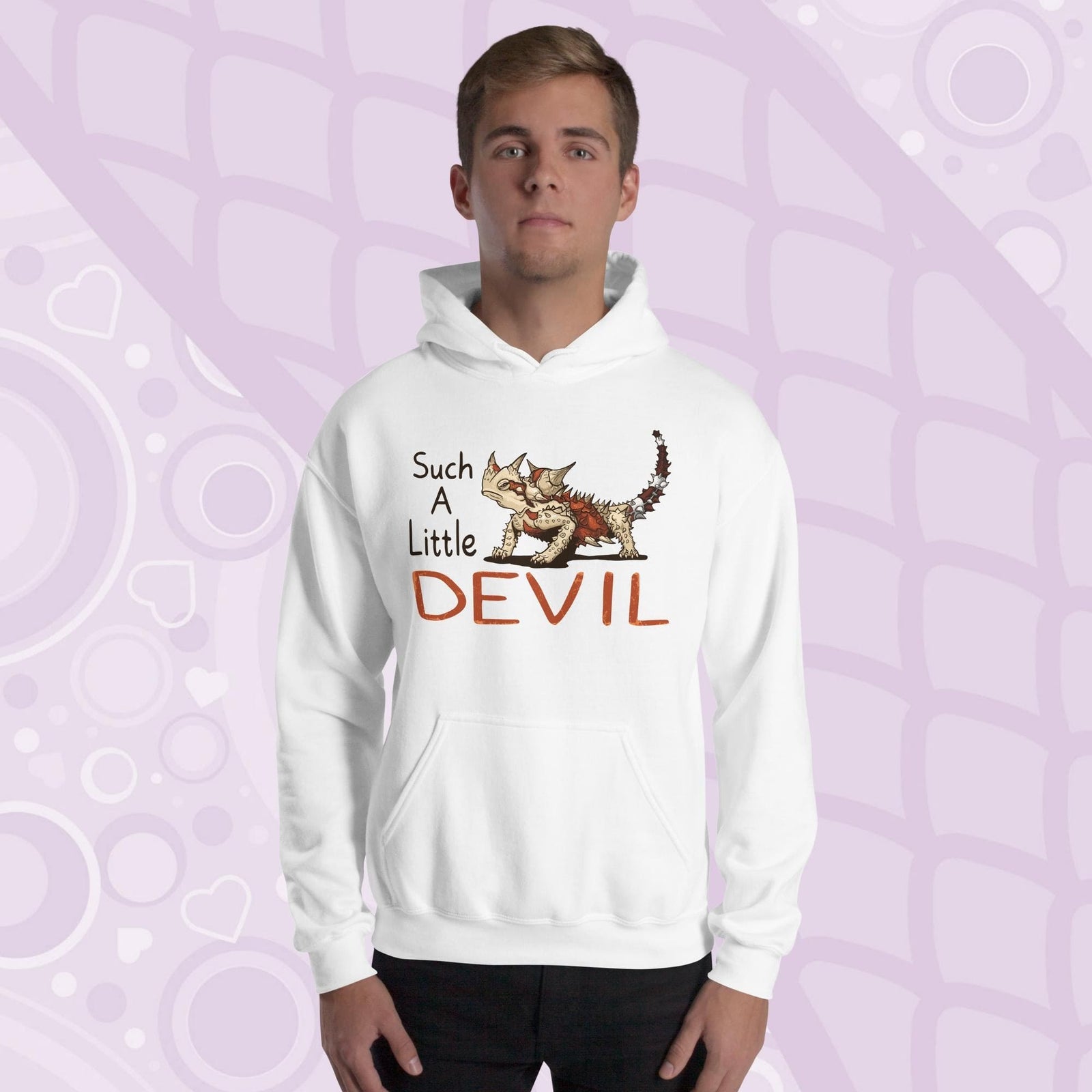 A gray hoodie with a cartoon Australian Thorny Devil lizard. It is very spiny and has a grouchy face, with tan and red colors and facing left with large text to it's left that states "Such A Little DEVIL" printed on the front. The hoodie is soft cotton with a front pouch.