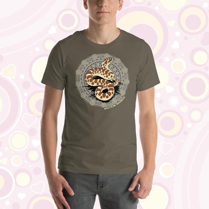 A man wearing an army colored crew neck tee with a Western Hognose snake in the center of a circular design with many embellishments.