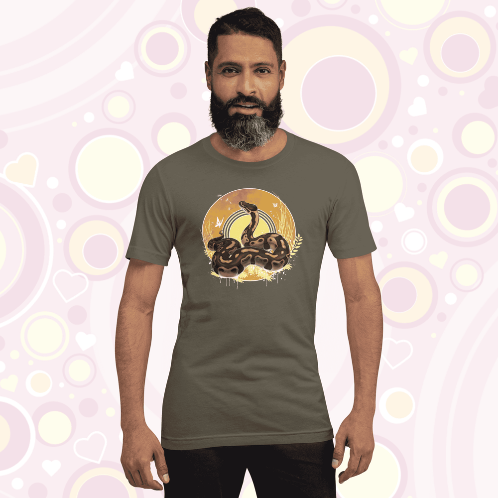 Man wearing army colored crew neck tee with a ball python resting atop of a circle with warm amber colors of fall with simple yellow leaf designs.