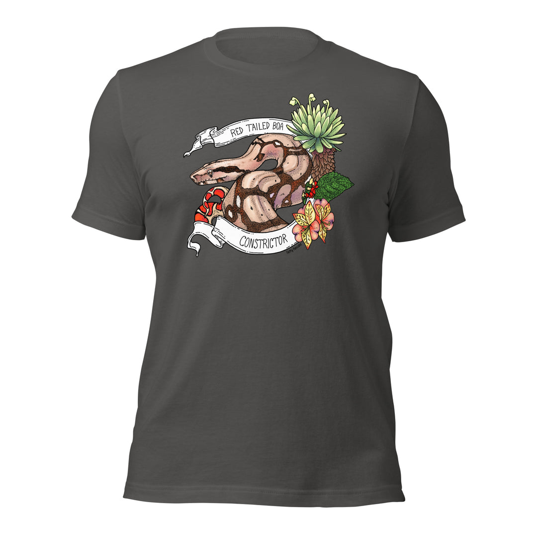 Grey t-shirt with a red-tailed boa constrictor snake and floral design on a white background