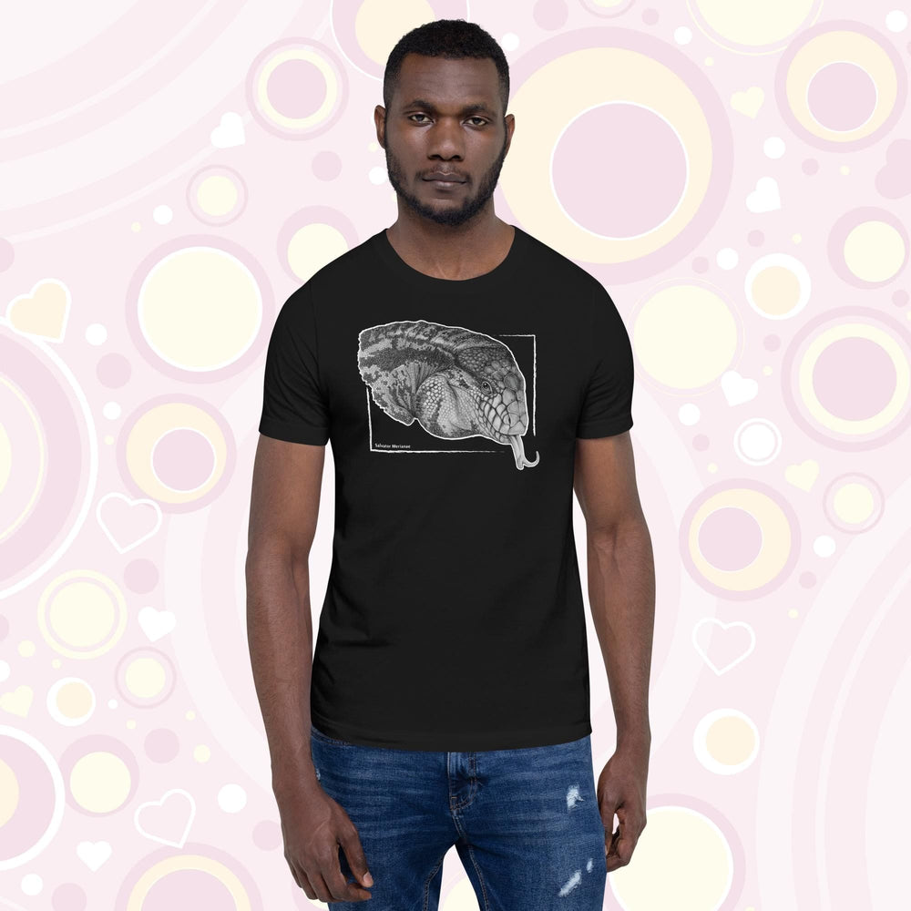 Man wearing black crew neck tee with a graphic of a black and white tegu on it.