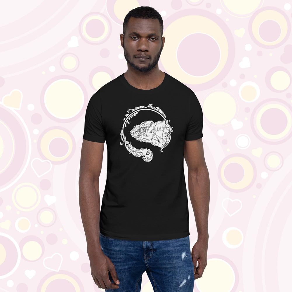 Man wearing black crew neck tee of a black and white panther chameleon surrounded by a beautiful flourish design.