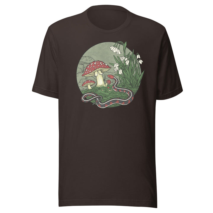 Brown t-shirt with a nature-themed graphic featuring mushrooms and a snake on a white background.