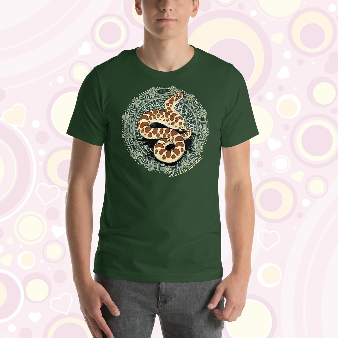 A man wearing an forest colored crew neck tee with a Western Hognose snake in the center of a circular design with many embellishments.