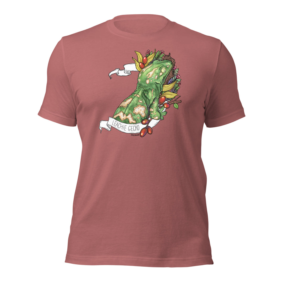 Mauve colored t-shirt with a colorful graphic of a leachie gecko on a white background.