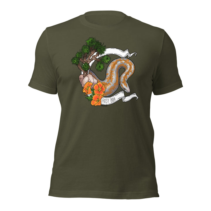 Green t-shirt with a rosy boa snake and floral design on a white background.