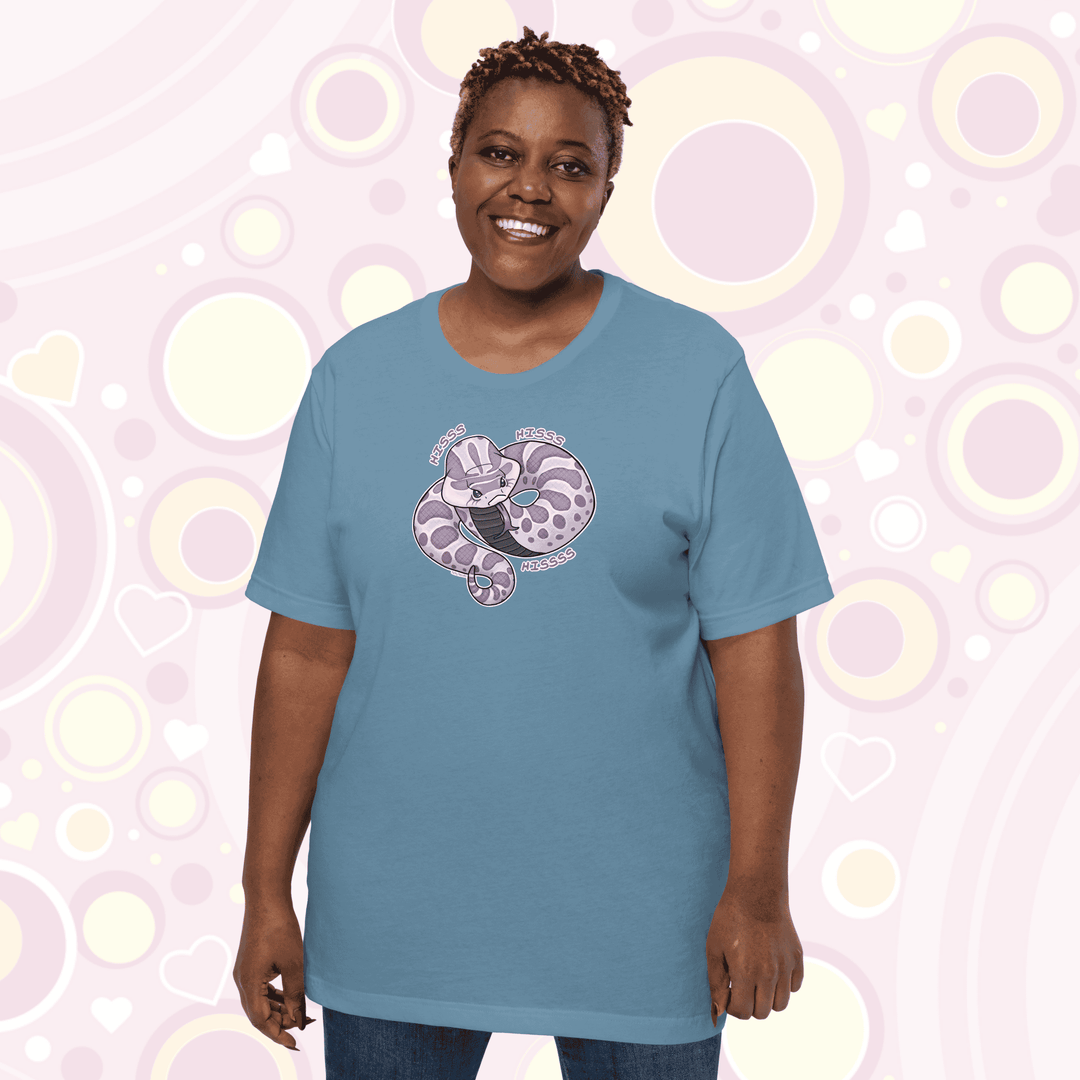 Plus sized woman wearing steel blue colored crew neck tee of a cartoon hognose snake saying hiss hiss hiss!