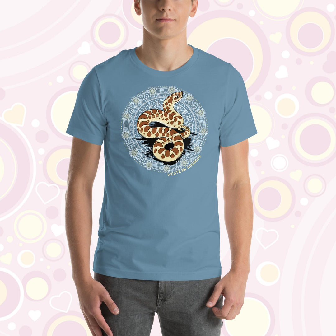 A man wearing a steel blue colored crew neck tee with a Western Hognose snake in the center of a circular design with many embellishments.