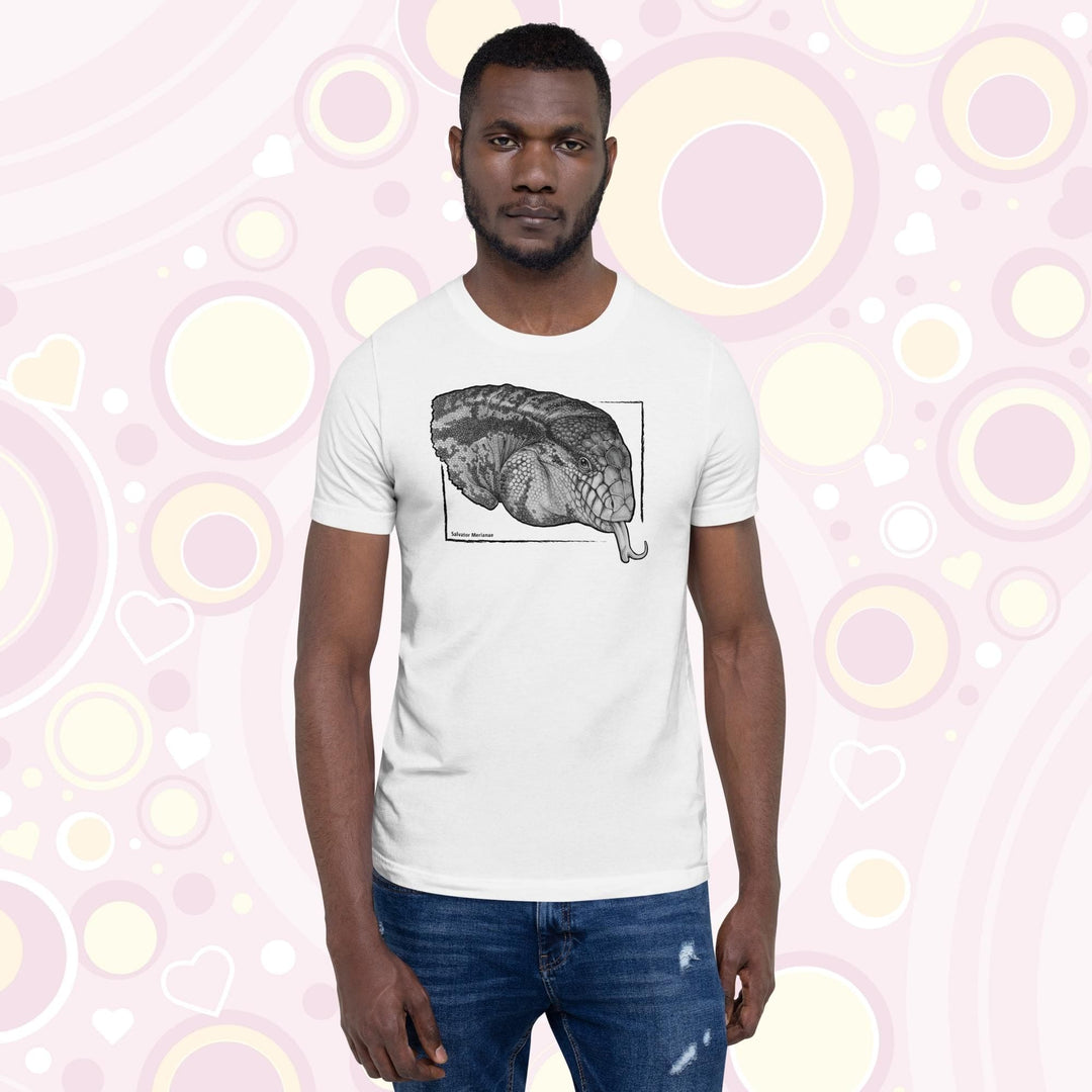 Man wearing white crew neck tee with a graphic of a black and white tegu on it.