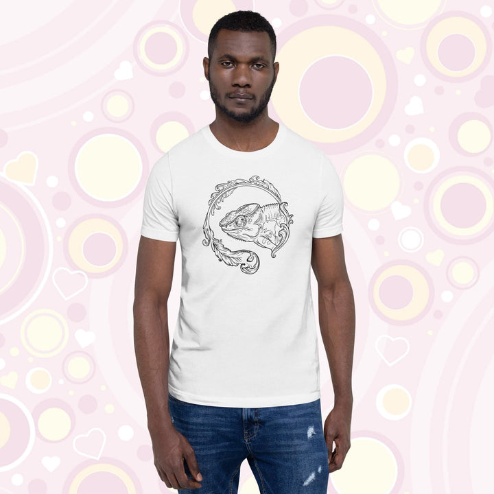 Man wearing white crew neck tee of a black and white panther chameleon surrounded by a beautiful flourish design.