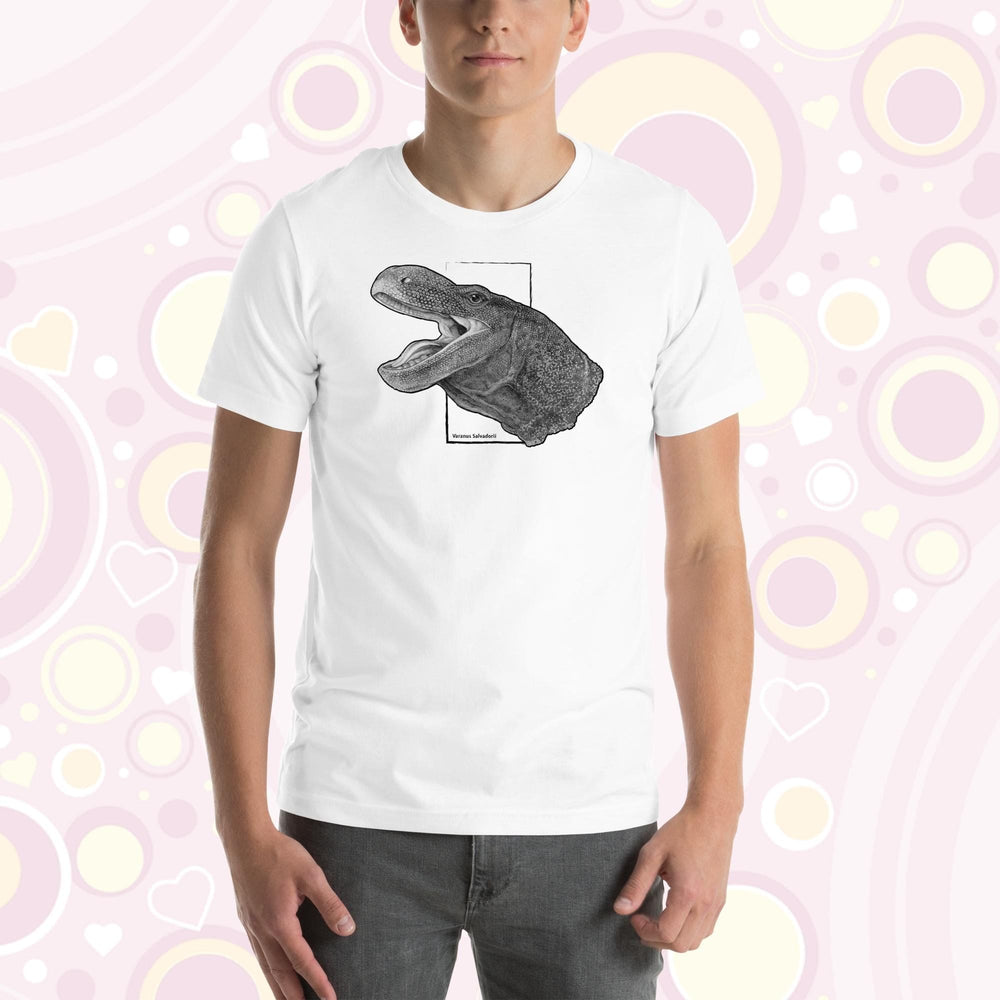 A man wearing a white crew neck tee with a black and white detailed drawing of a crocodile monitor head and neck.