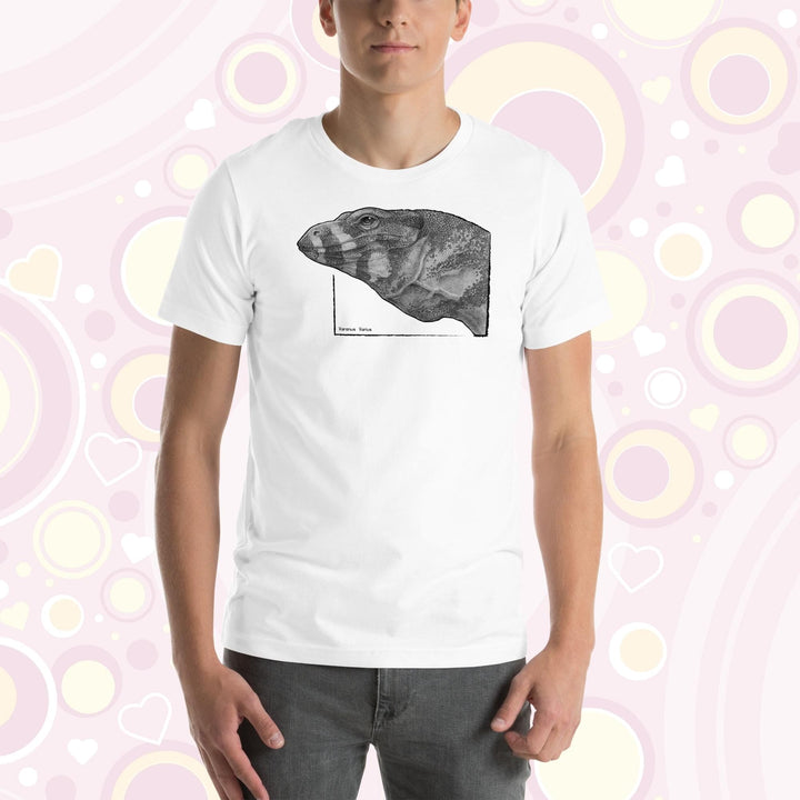 Man wearing white crew neck tee with a graphite drawn lace monitor lizard, it is very detailed showing many tiny scales in the art design.