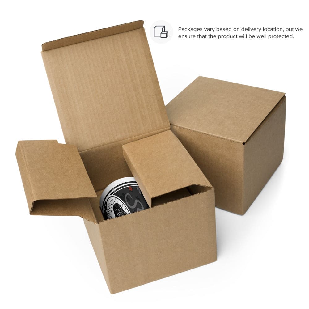 Two boxes, one open and other closed, showing how the mug will be packaged for shipping. You can see the mug inside.