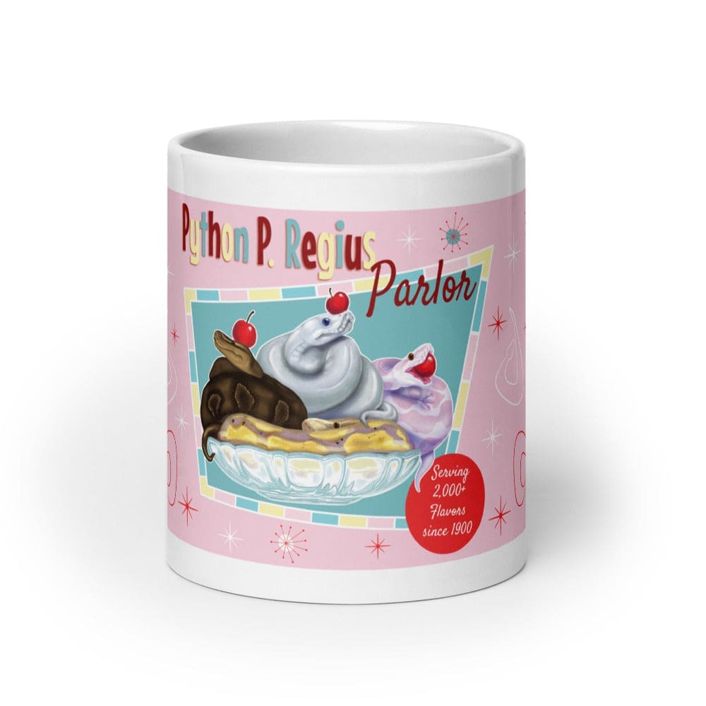 A white 20oz ceramic mug featuring a pink background with a graphic of three snakes in a glass bowl topped with cherries. The text reads Python P. Regius Parlor and Serving 2,000+ Flavors since 1900, accented with small starburst shapes.
