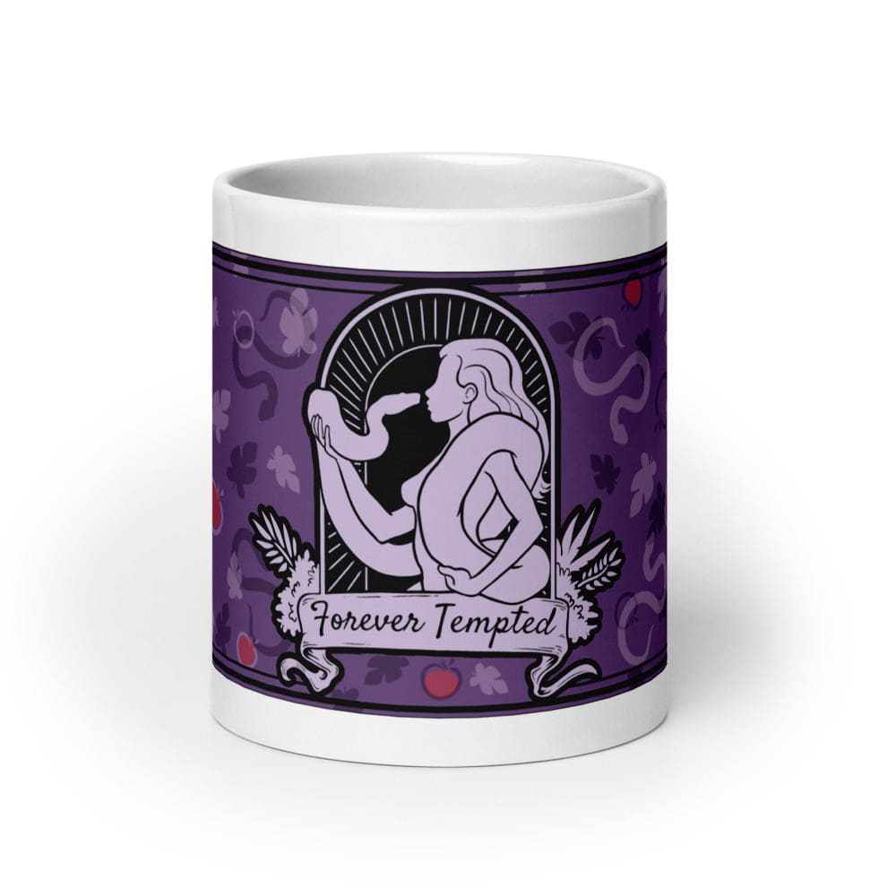 A 20oz white ceramic mug featuring a purple graphic illustration of a figure holding a snake within an arched frame. The text Forever Tempted is printed on a banner below the figure, surrounded by a pattern of leaves and red apples.